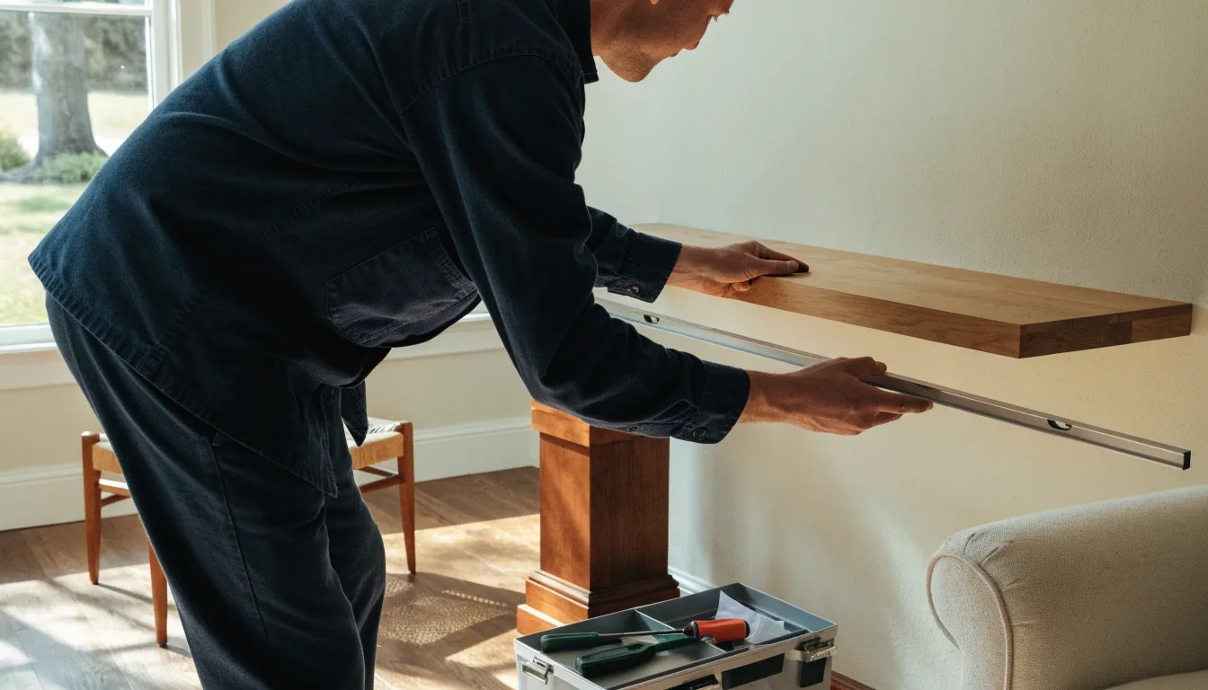 Hands mounting a shelf bracket against a pale wall with a cordless drill