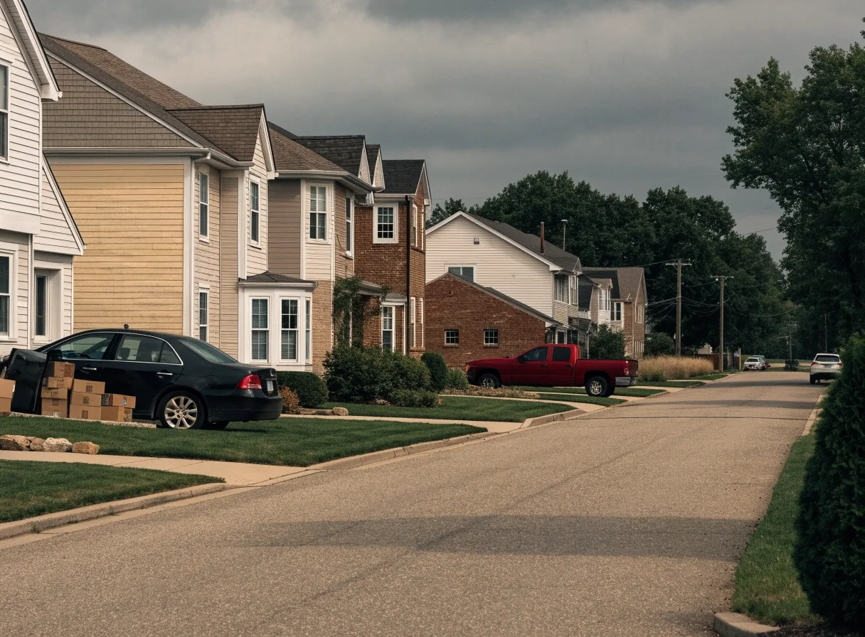Suburban US residential street with houses, lawns and an open garage holding flat-pack boxes