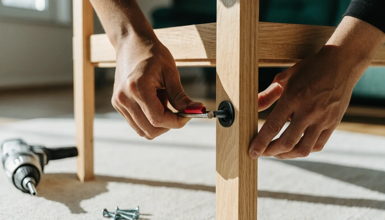 Close crop of a Tasker's hands driving a screw to mount a shelf bracket on a pale wall