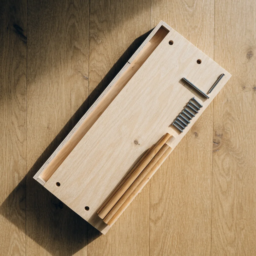 Flat-pack furniture panel laid out on a floor with an Allen key and screw set beside it, seen from above