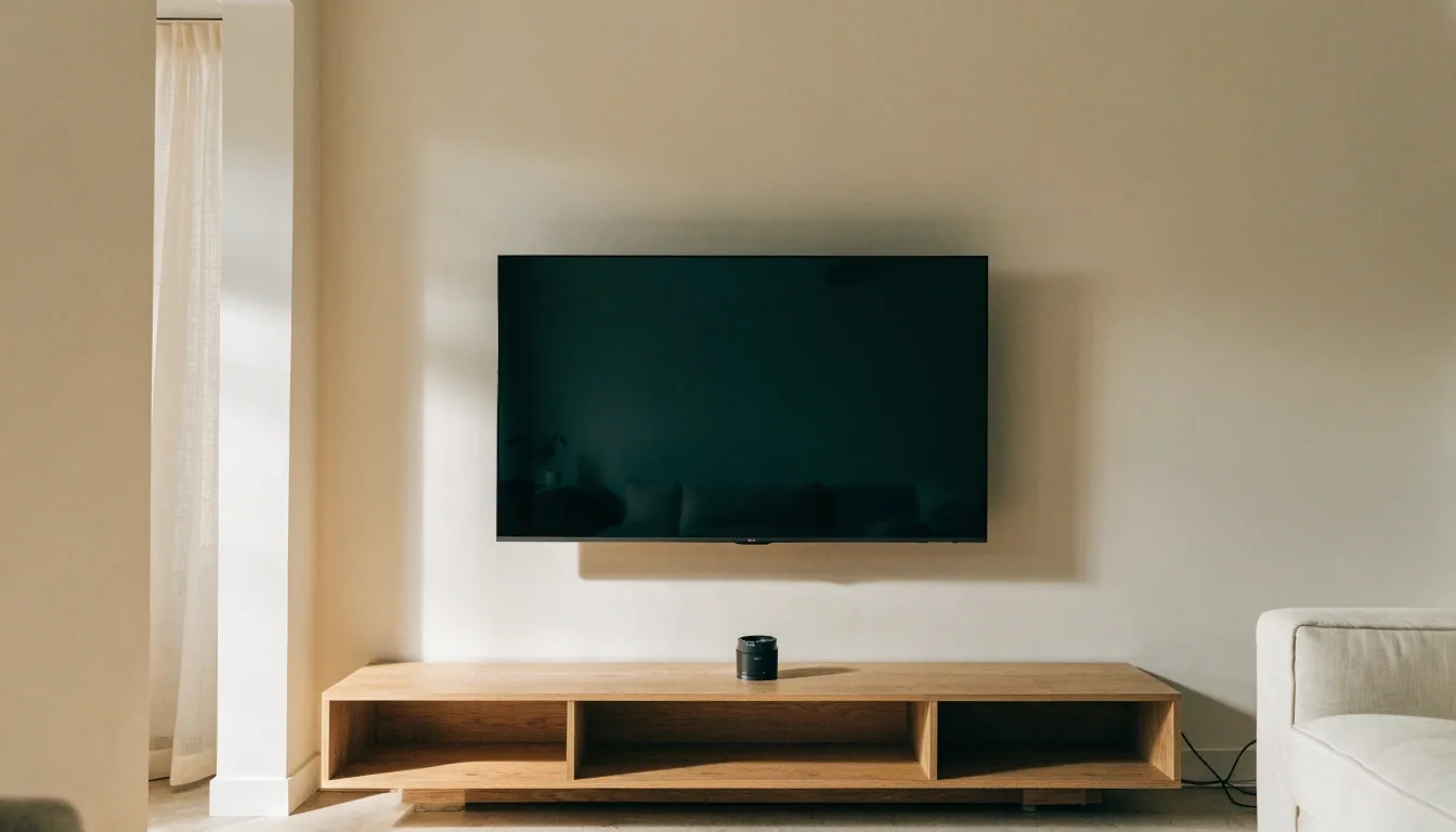 Flat-screen television mounted on a pale living room wall with cables routed behind the surface