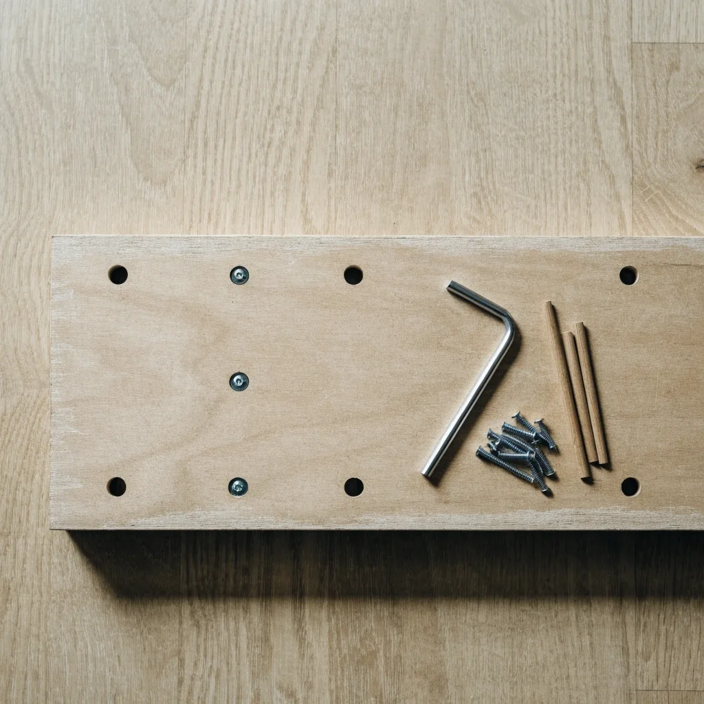 Flat-pack furniture panel laid out on a floor with an Allen key and hardware beside it