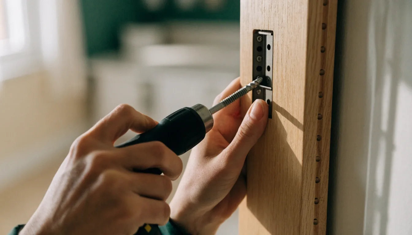 Hands using a cordless screwdriver on a wardrobe door hinge in a bright room