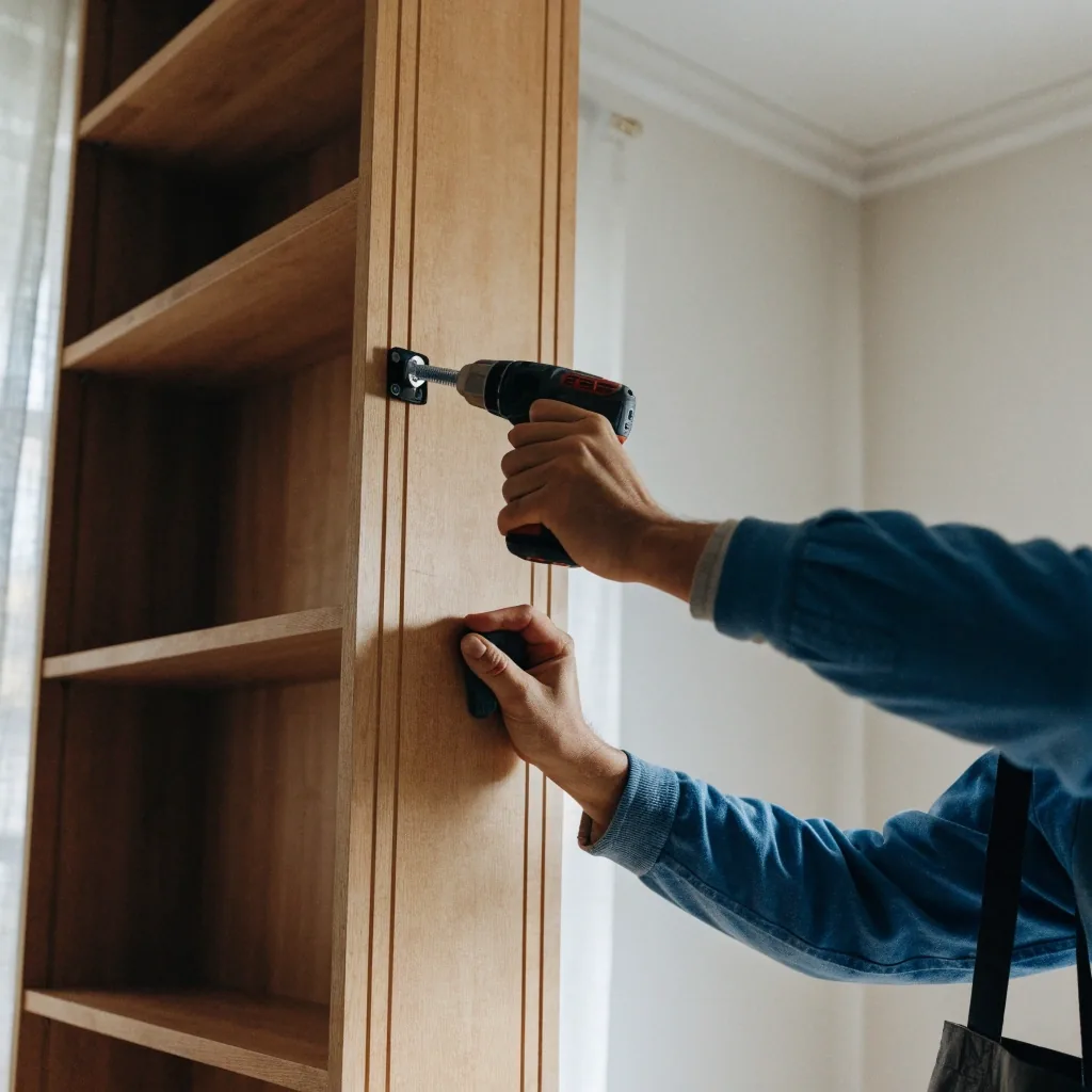 Hands anchoring a tall bookcase to a pale wall with a bracket screw