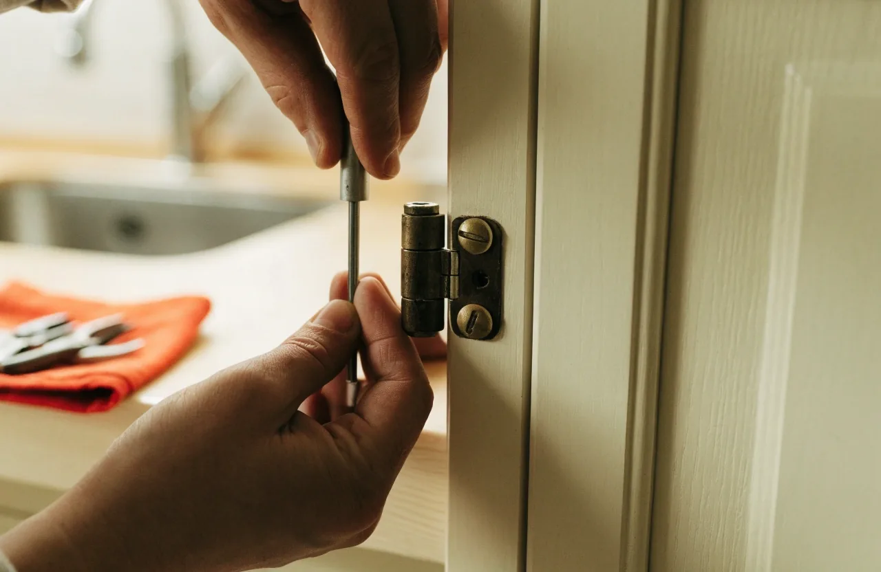 Hands tightening a loose cabinet hinge inside a pale kitchen cabinet