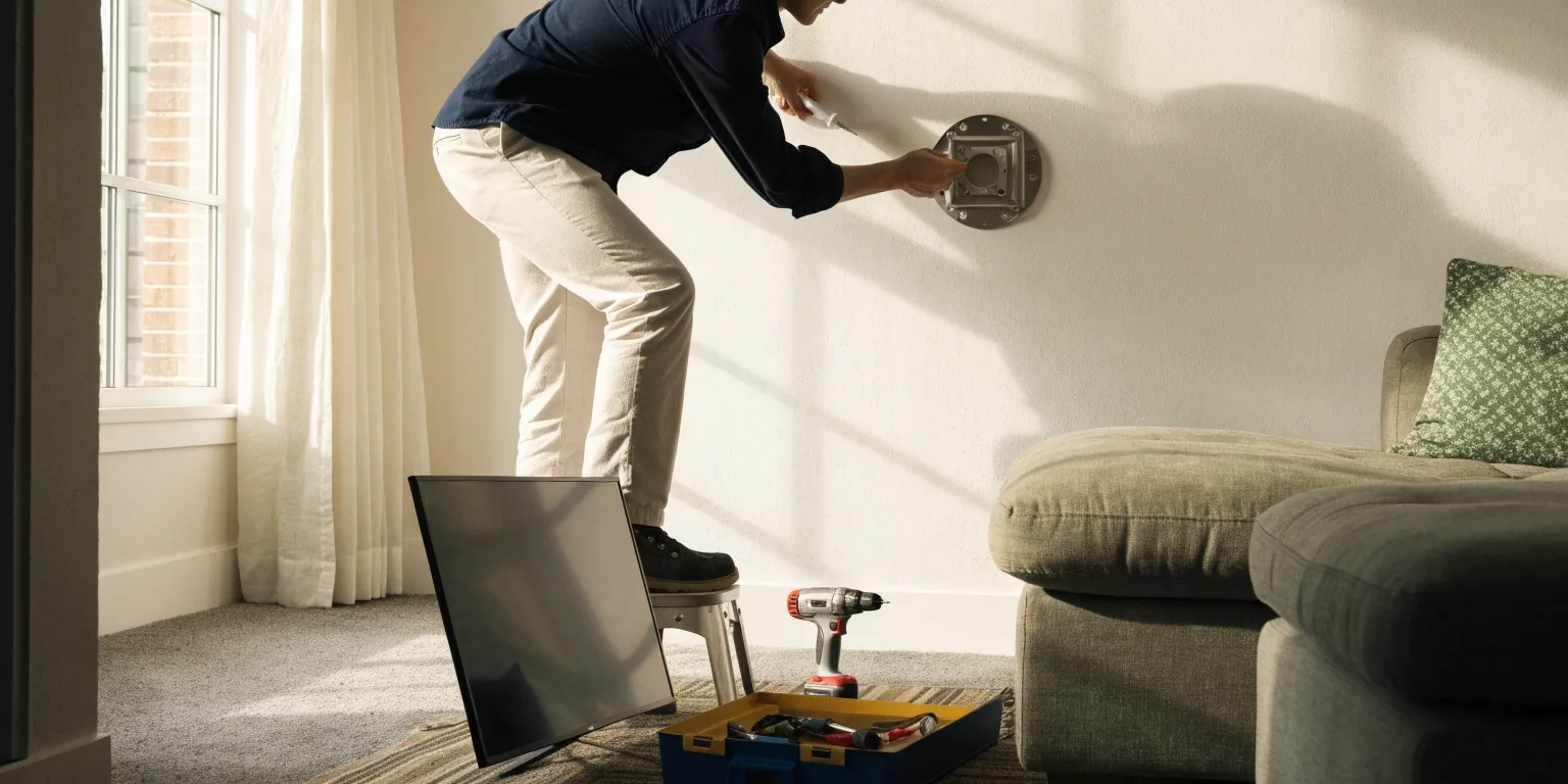 Hands leveling a wall bracket on a pale living room wall before a flat screen mount