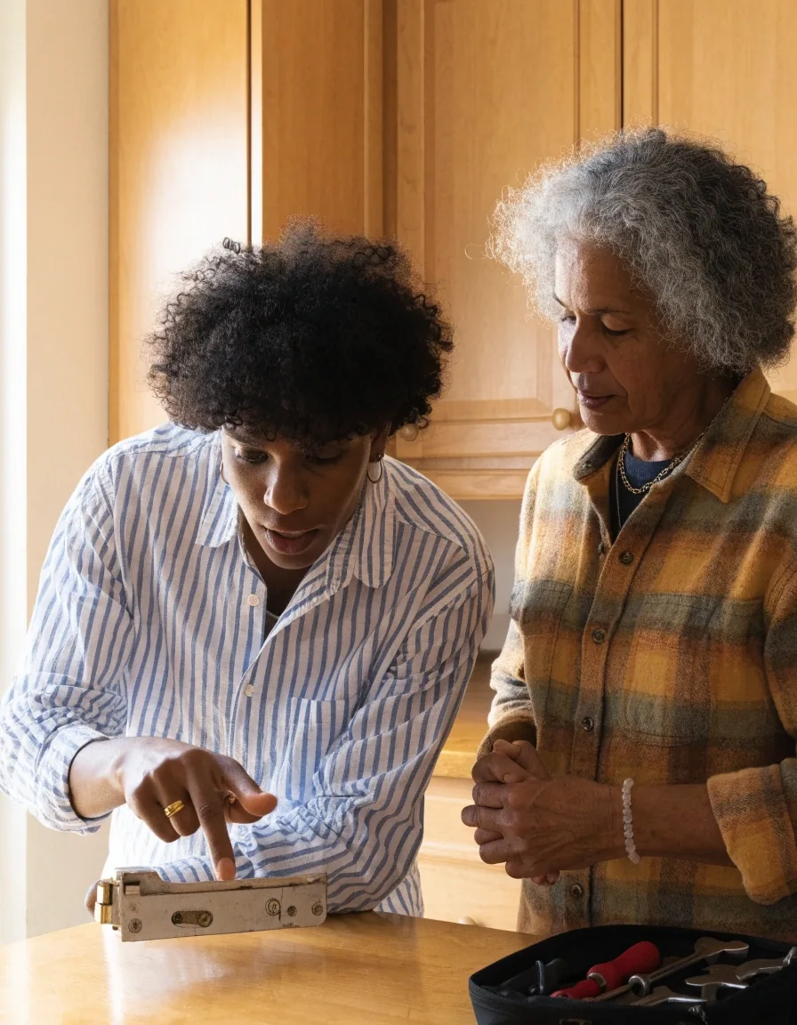 Homeowner and Tasker reviewing a repair job together at a kitchen counter