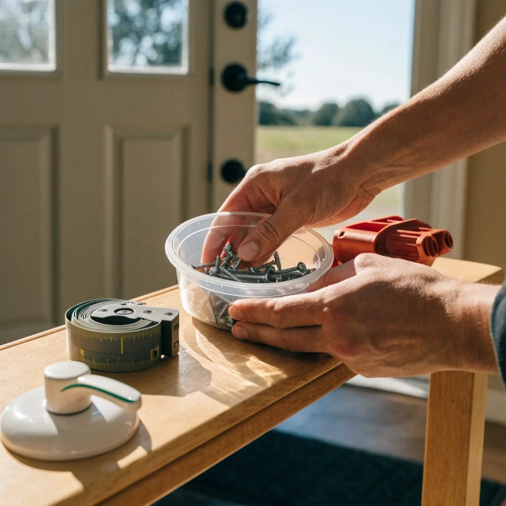 Replacement faucet cartridge, screws, anchors and a tape measure laid out on a pale worktop