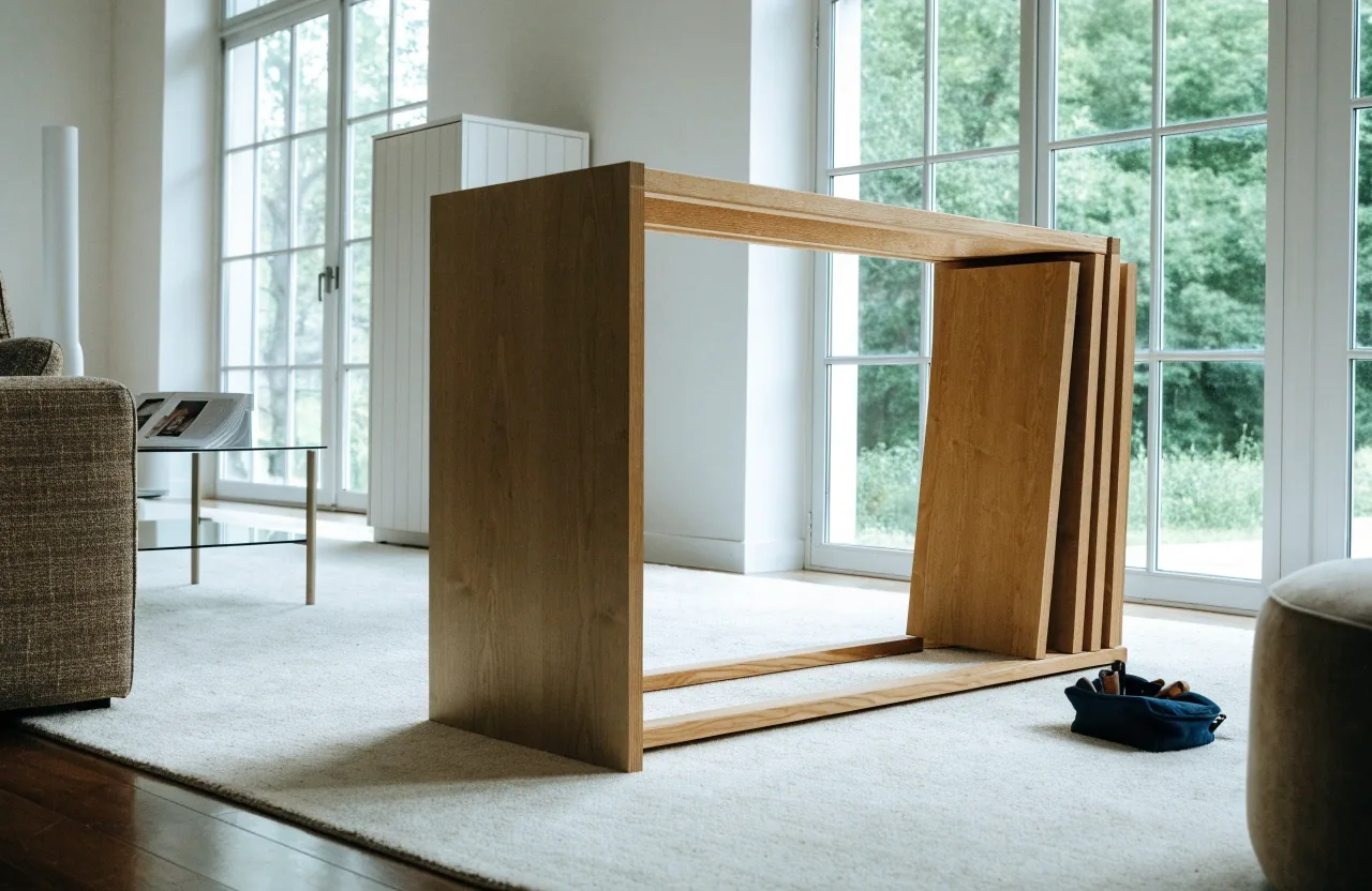 Flat-pack furniture panel laid out on a floor with an Allen key and hardware tray