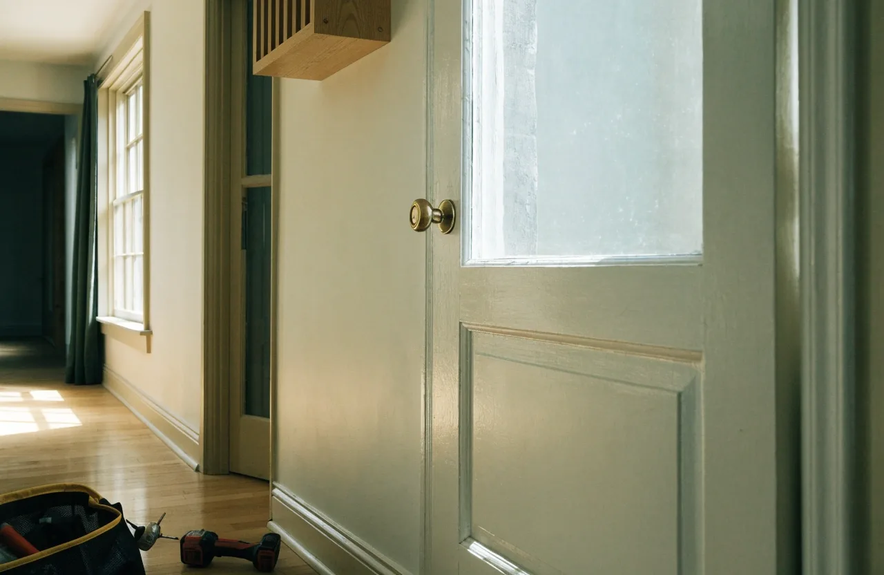 Hands using a drill to attach a shelf bracket to a pale wall