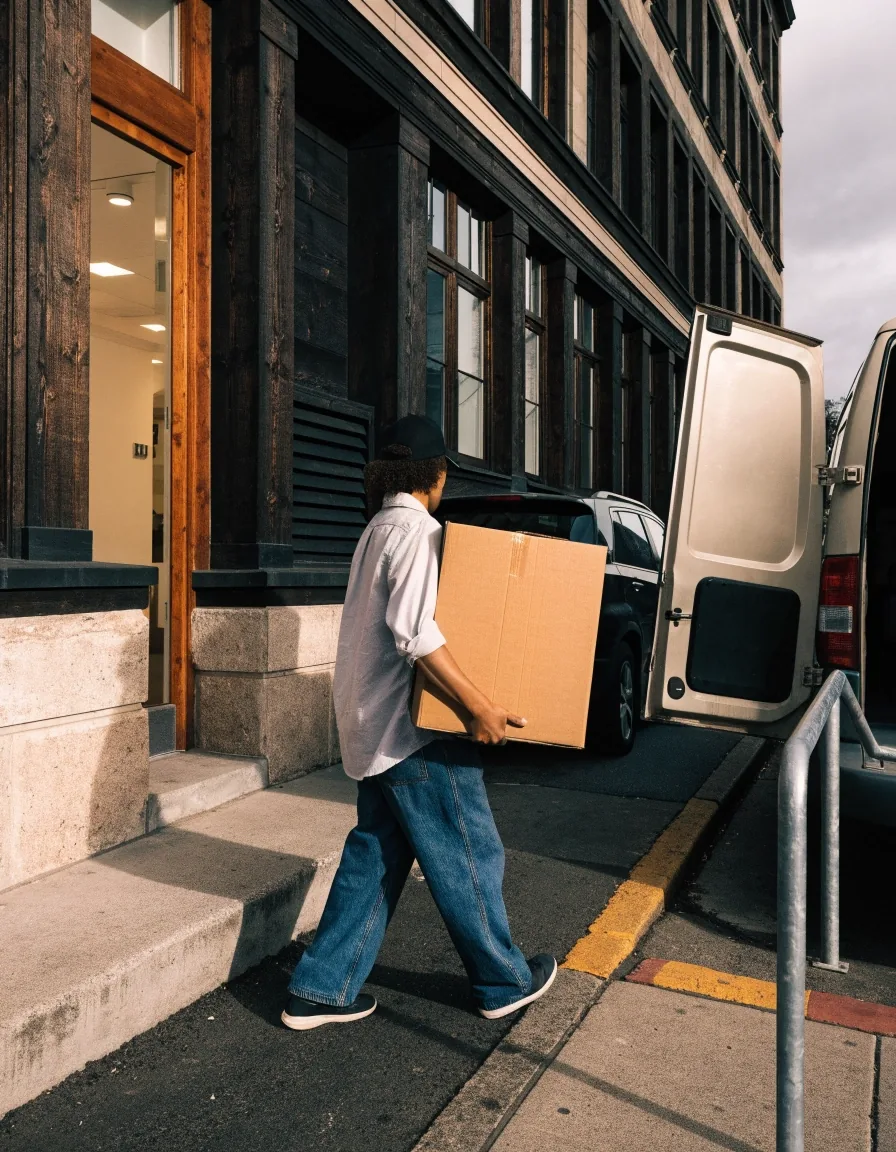 Helper carrying a cardboard box from an apartment doorway toward a van