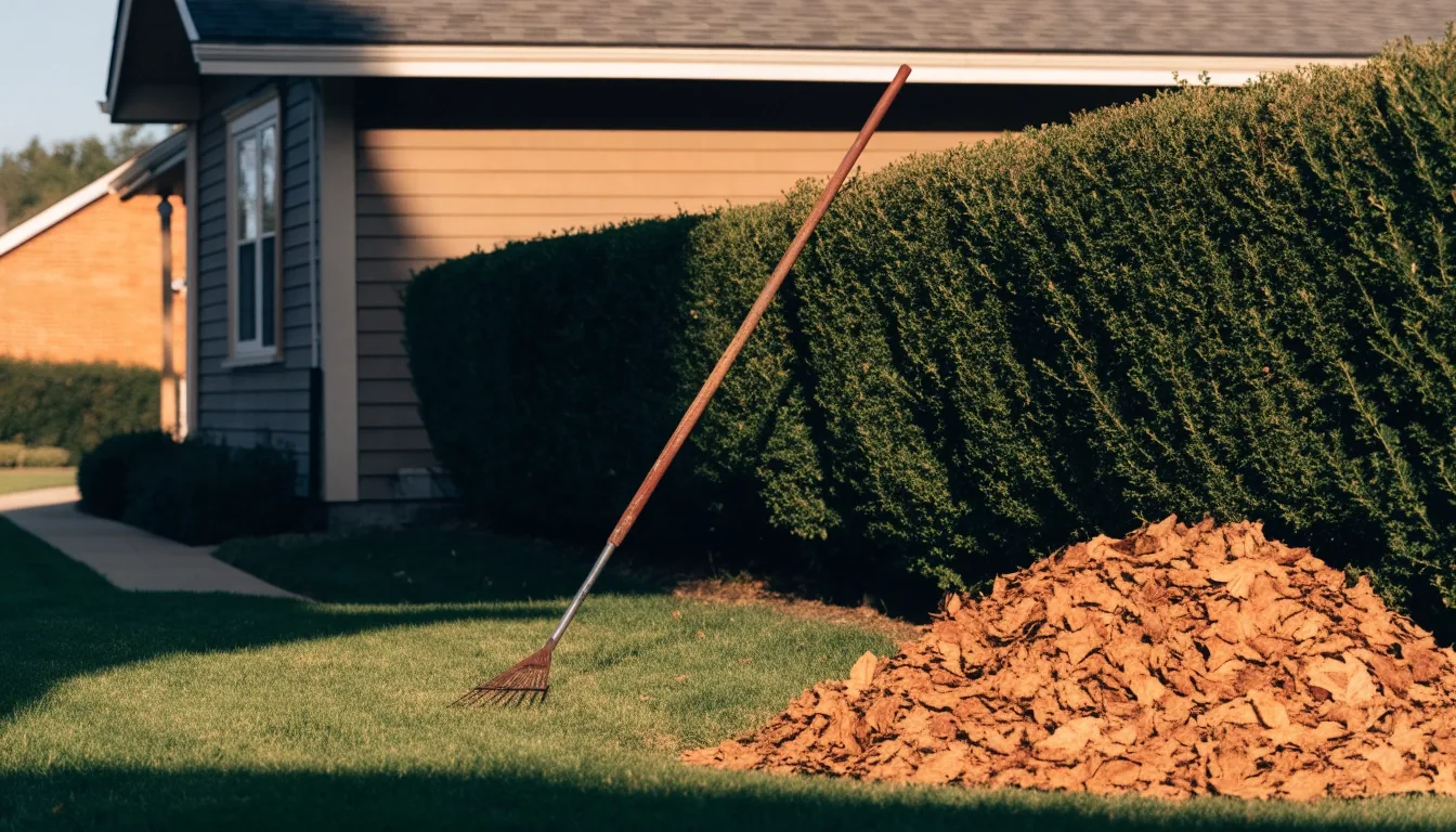 Rake leaning against a hedge with gathered leaves on a suburban lawn