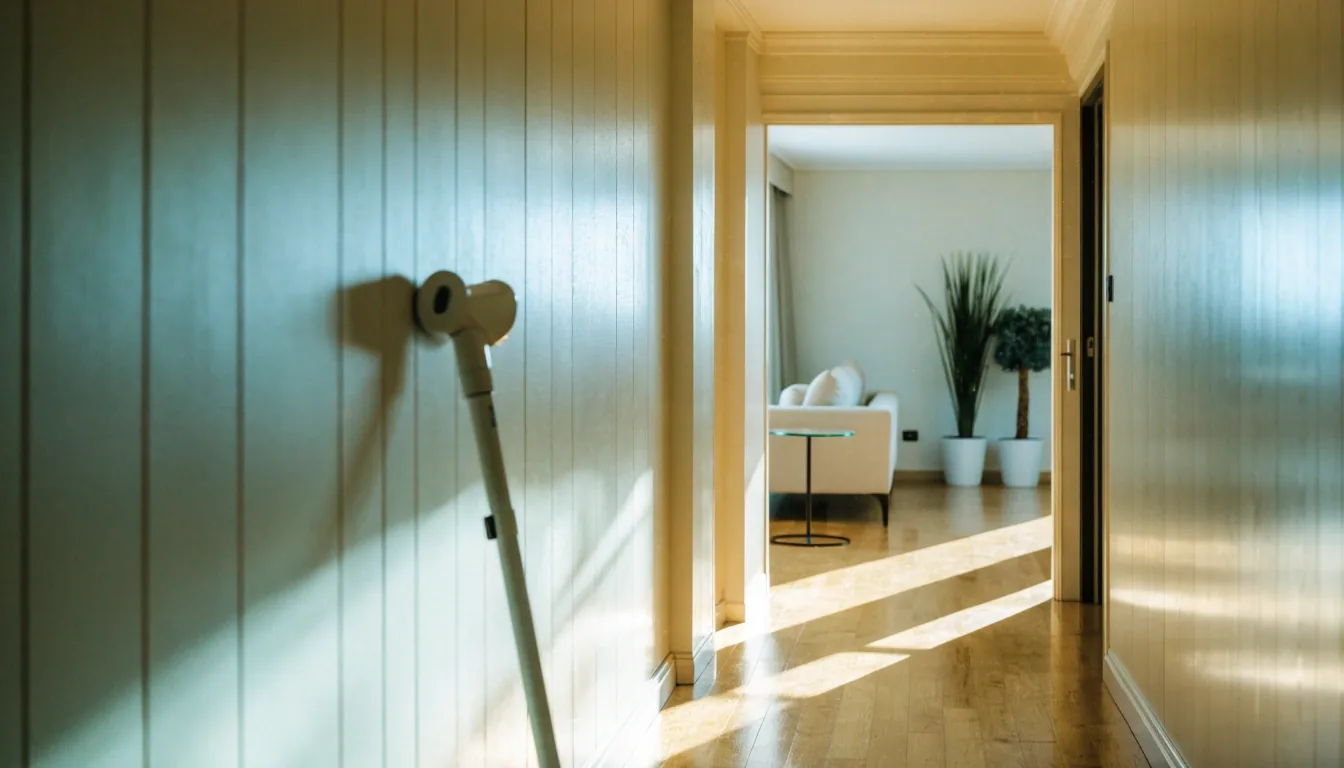 Vacuum resting in a bright hallway of a home with daylight across the floor