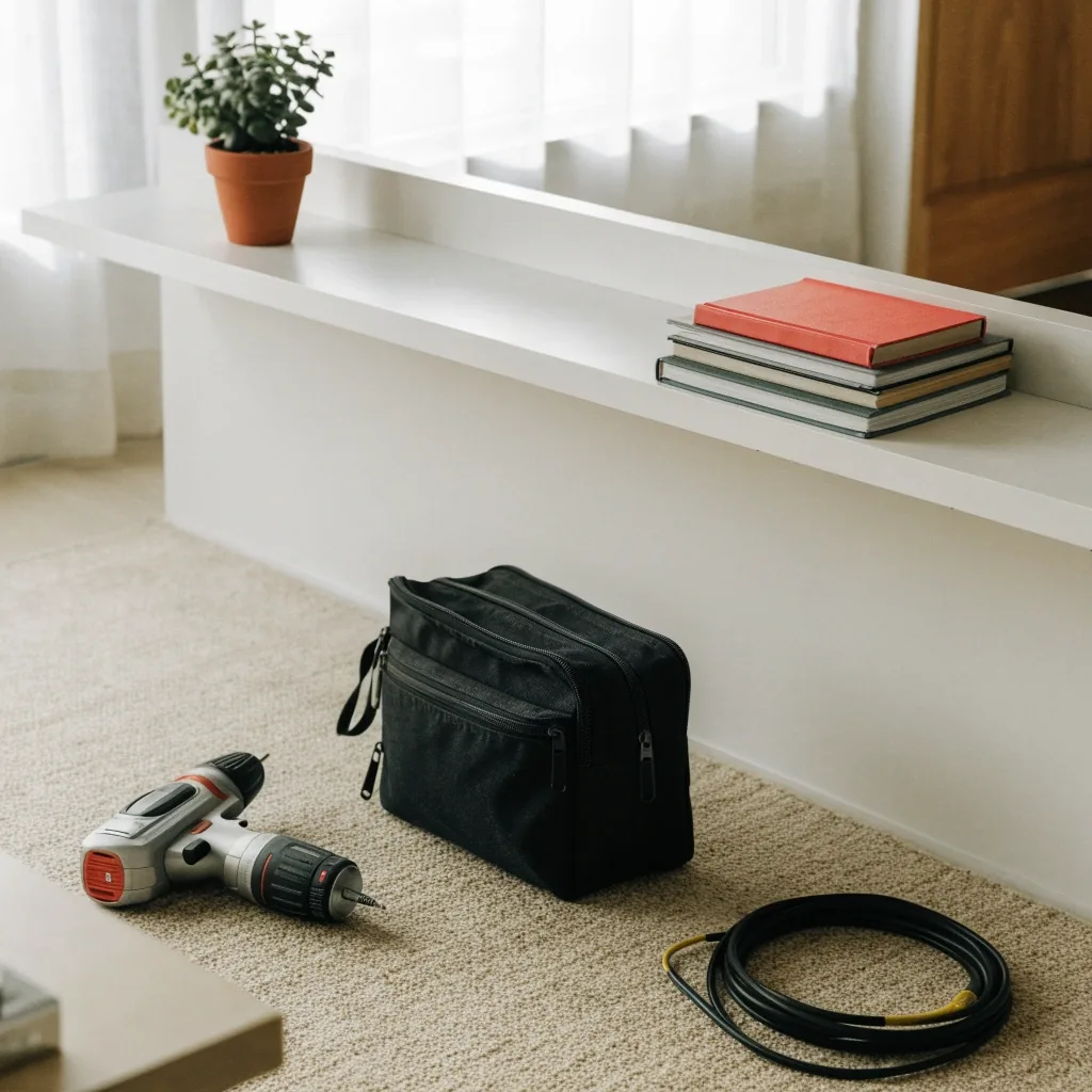 A finished shelf mounting job with tools set aside on the floor