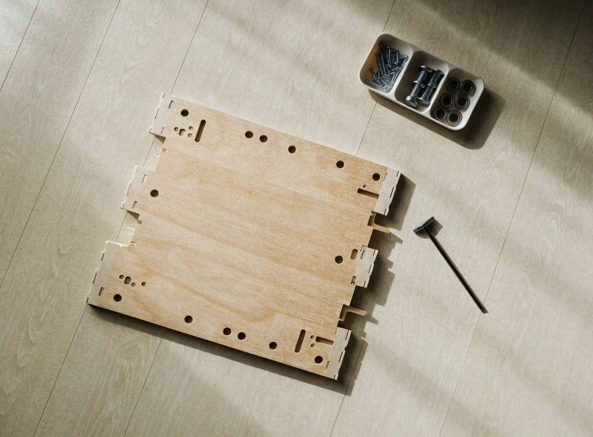 Flat-pack furniture panel on a floor with an Allen key and sorted hardware beside it