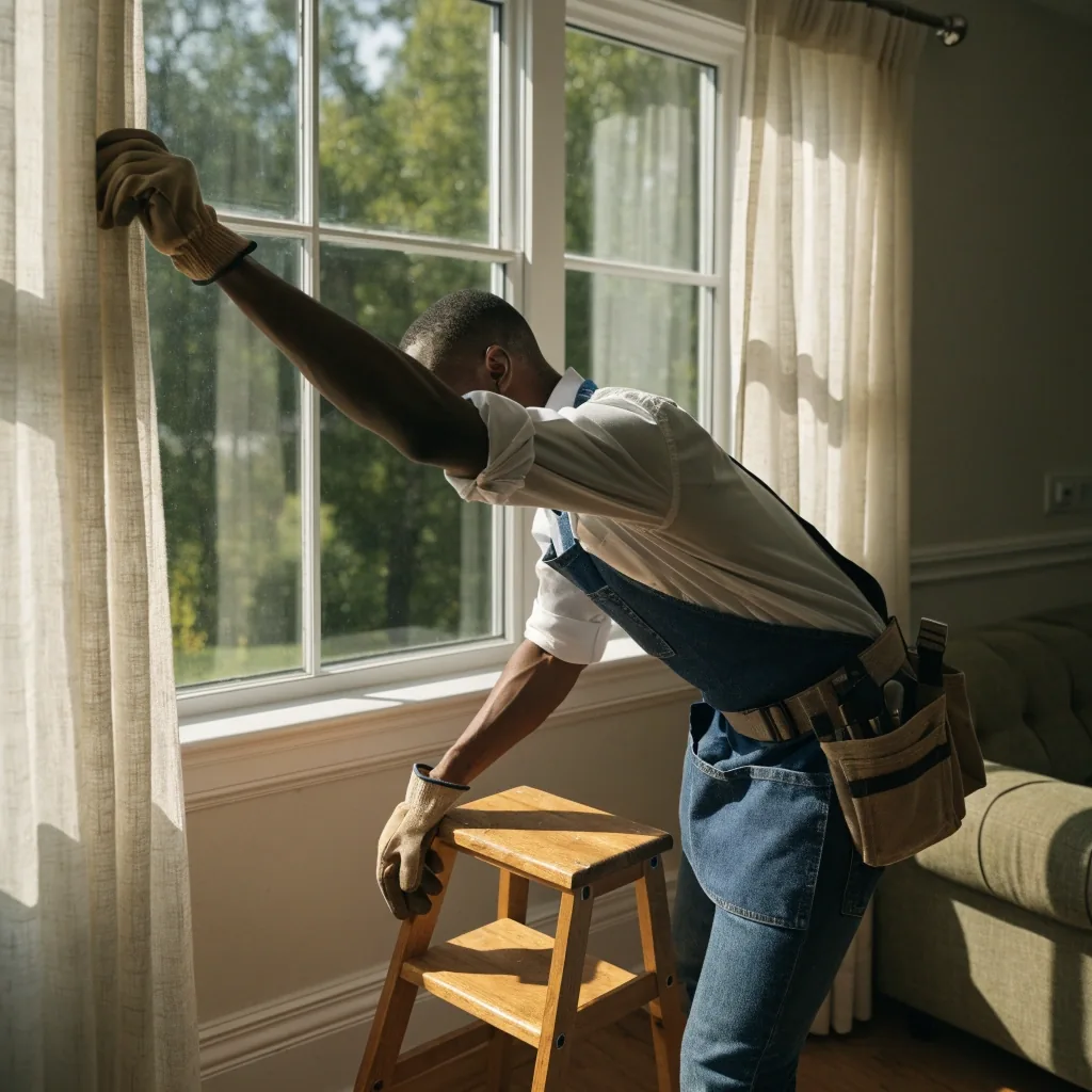 Hands using a power drill to mount a shelf bracket on a pale wall