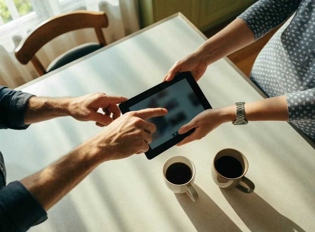Two people at a kitchen counter looking at a small tablet held between them, hands only in frame