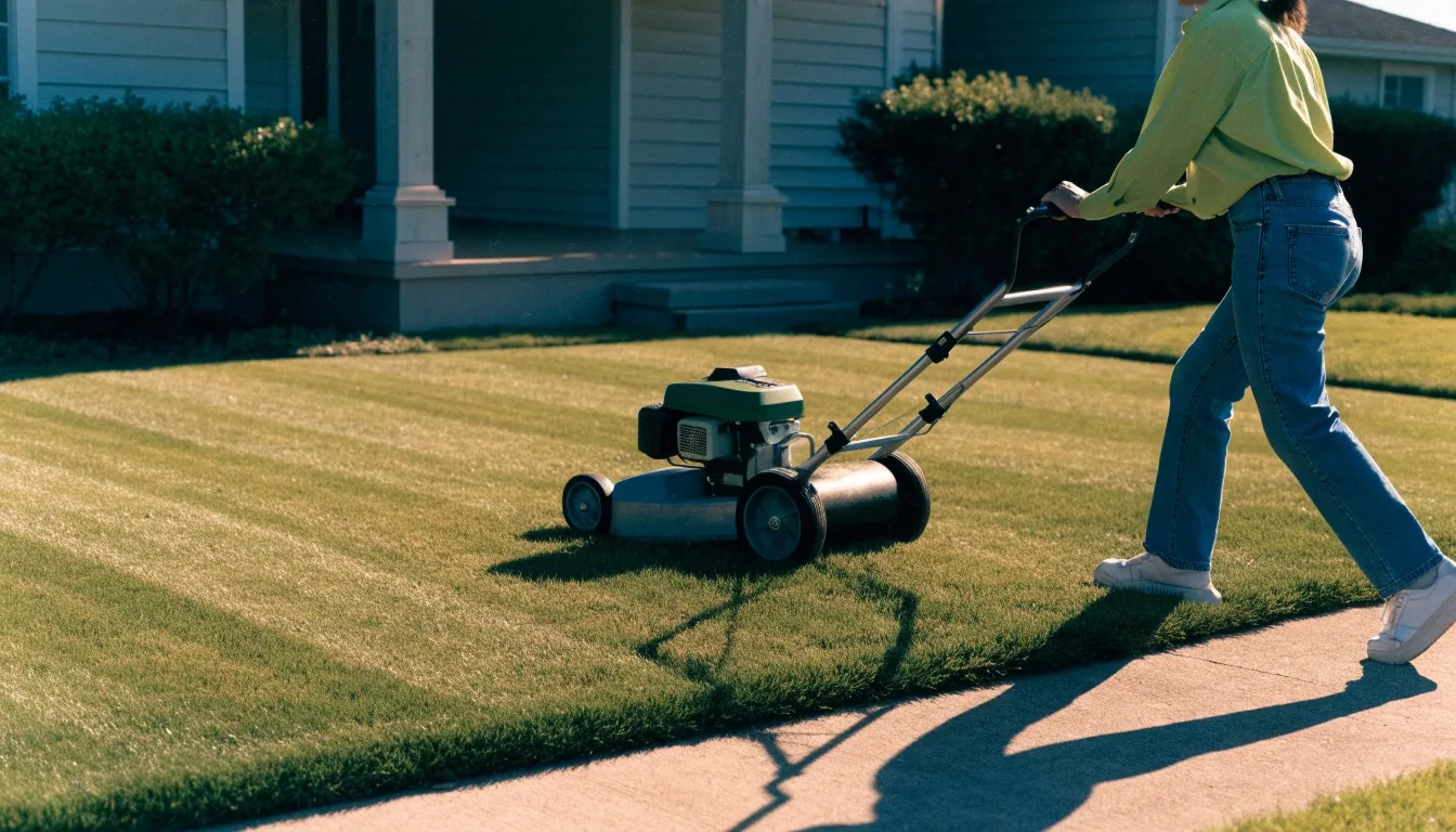 A person mowing a suburban front lawn with a push mower, a fresh edge line cut along the walkway
