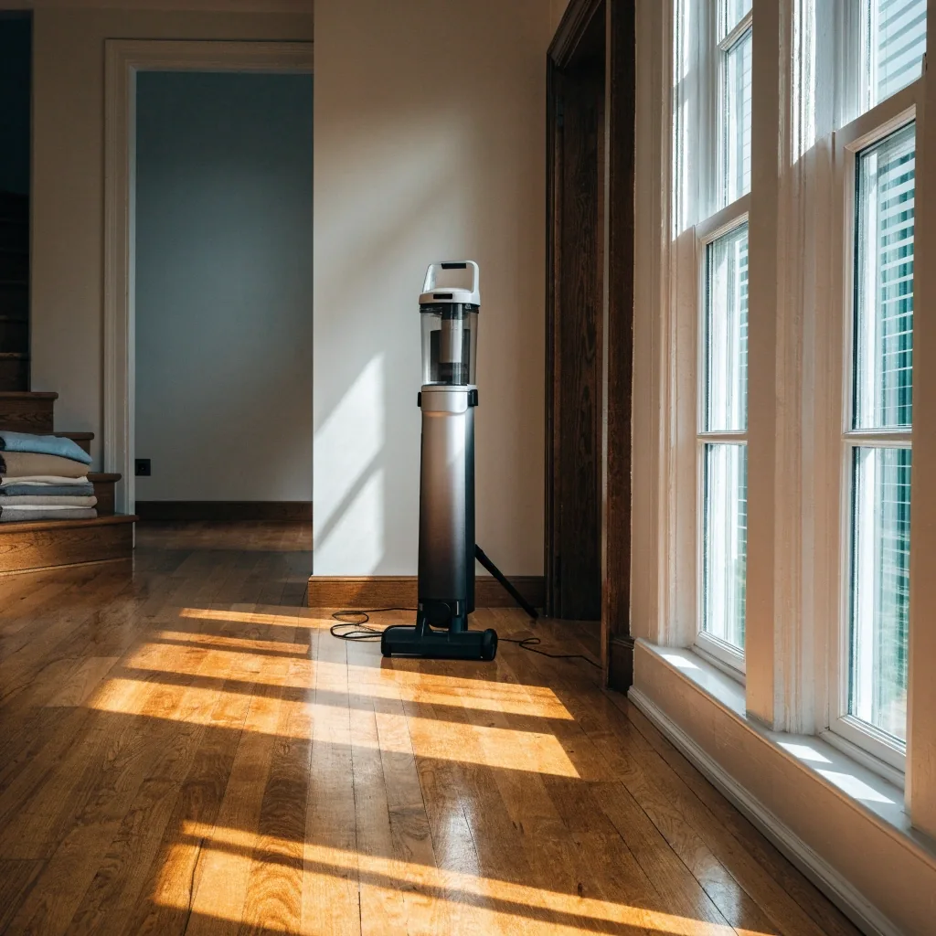 An upright vacuum in a hallway with daylight across the floorboards and folded cloths on a step
