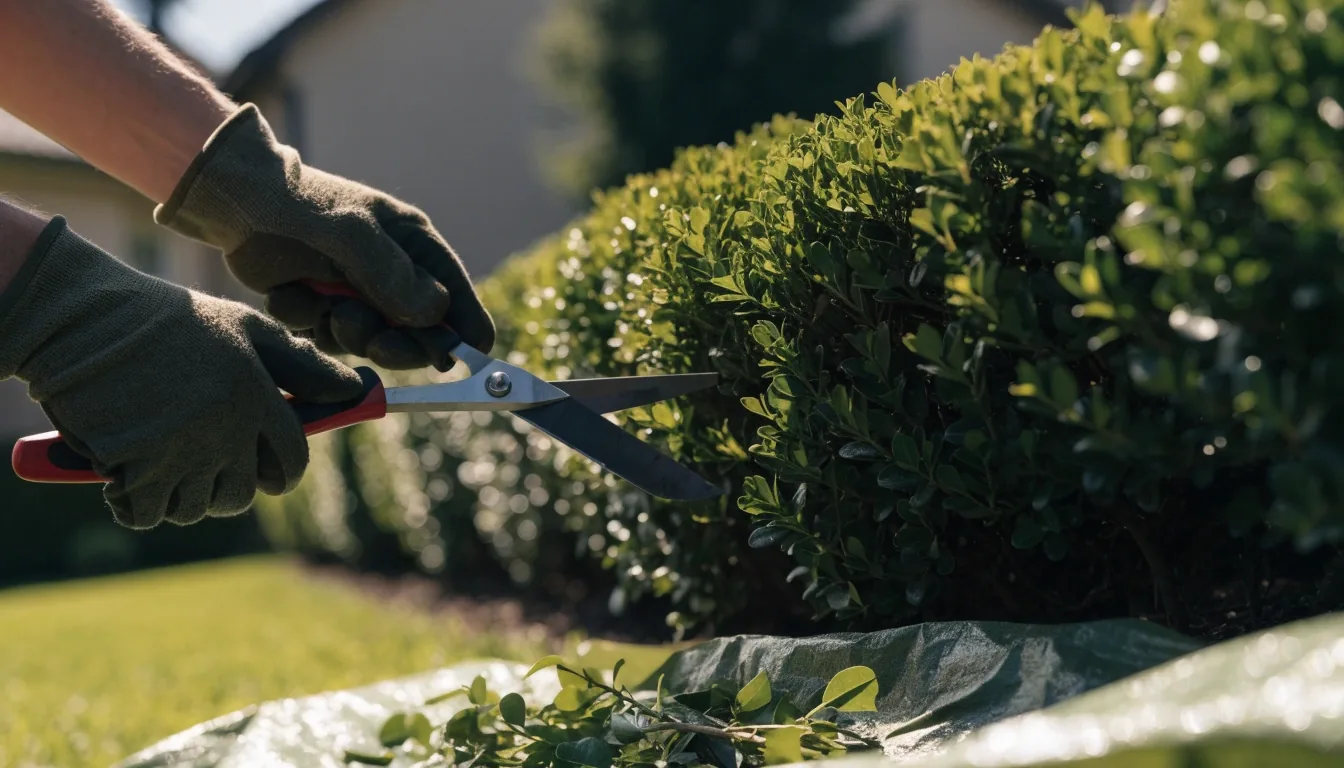 Gloved hands trimming a boxwood hedge with shears and a tarp of cut branches on the grass