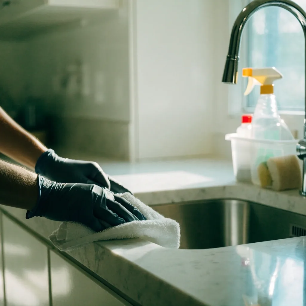 Gloved hands wiping a kitchen counter with a cleaning caddy beside the sink
