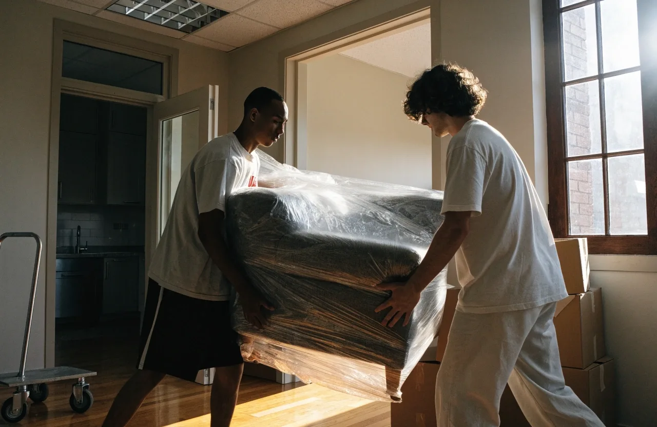 Two workers carrying a sofa through an apartment doorway with a dolly and boxes nearby