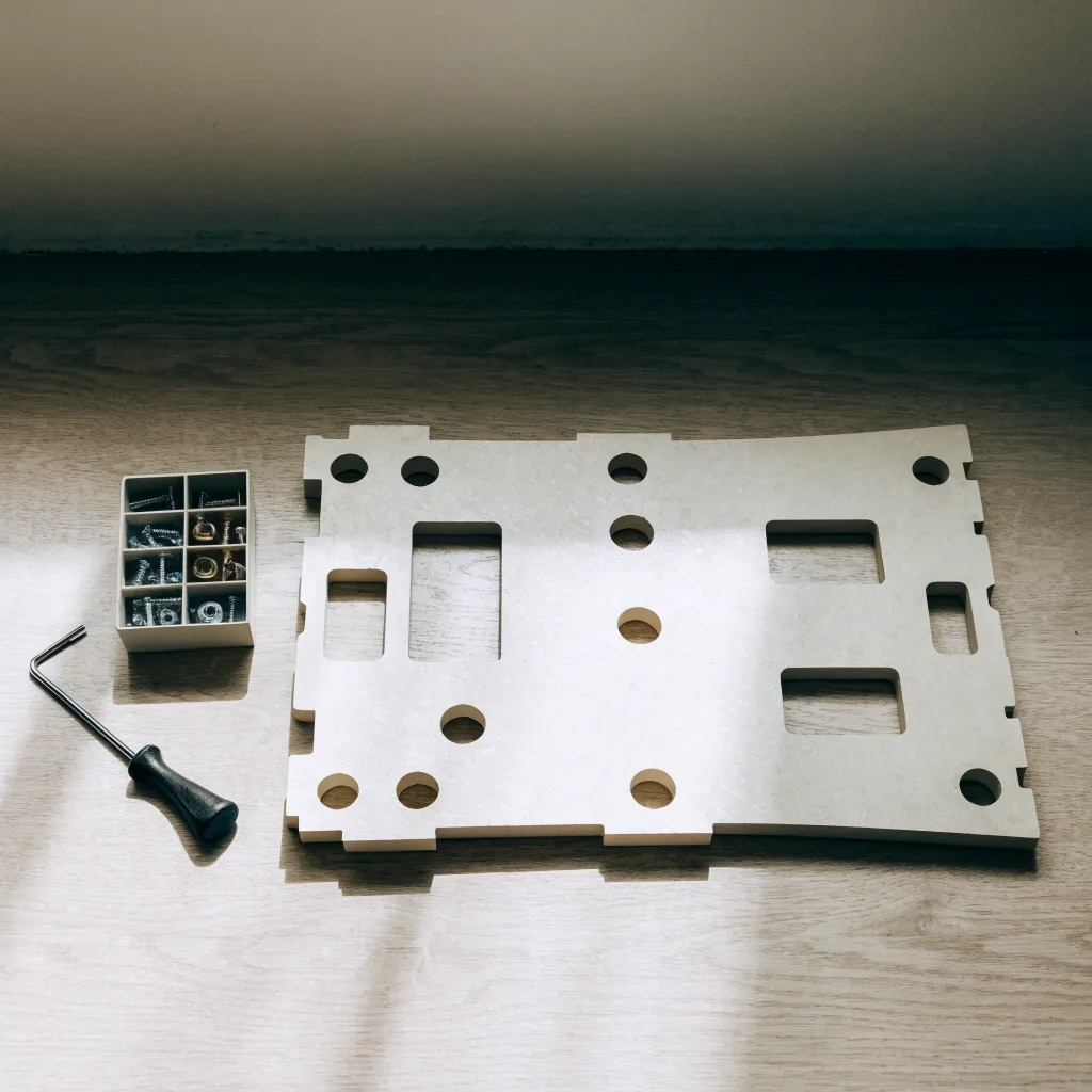 Flat-pack furniture panel on a pale floor with an Allen key and a tray of sorted hardware beside it, photographed from above