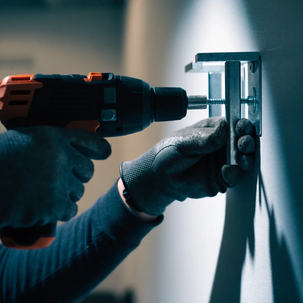 Hands holding a cordless drill to fix a shelf bracket on a pale wall, lit from the upper left
