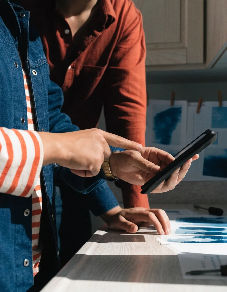 Two pairs of hands reviewing a small tablet on a kitchen counter, screen out of focus