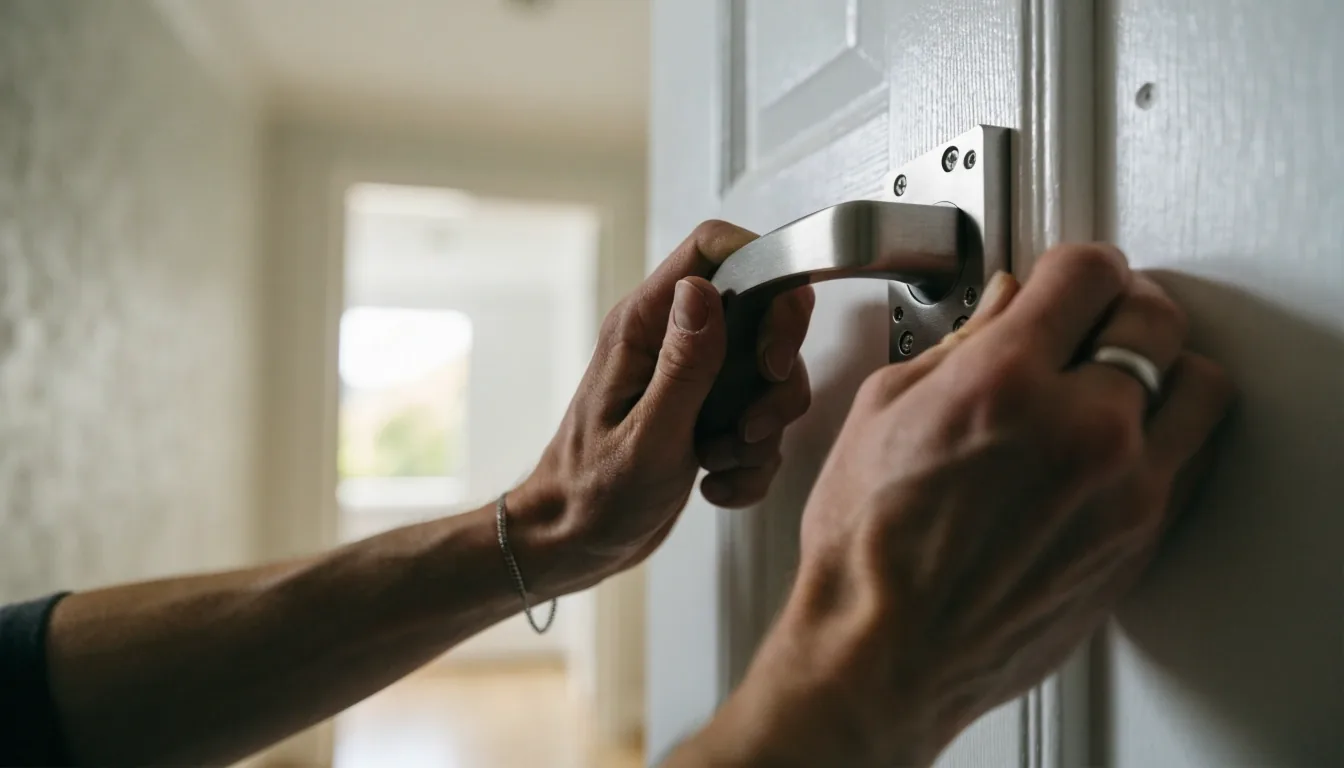 Tasker's hands mounting a bracket to a pale wall with a cordless drill