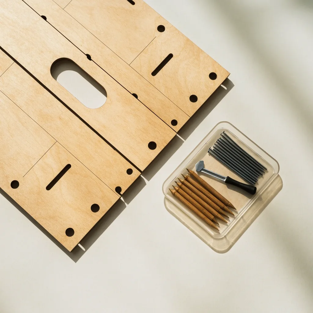 Flat-pack furniture panel laid out on a floor with sorted hardware and an Allen key